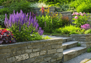 Flower bed on retaining walls infront of a house
